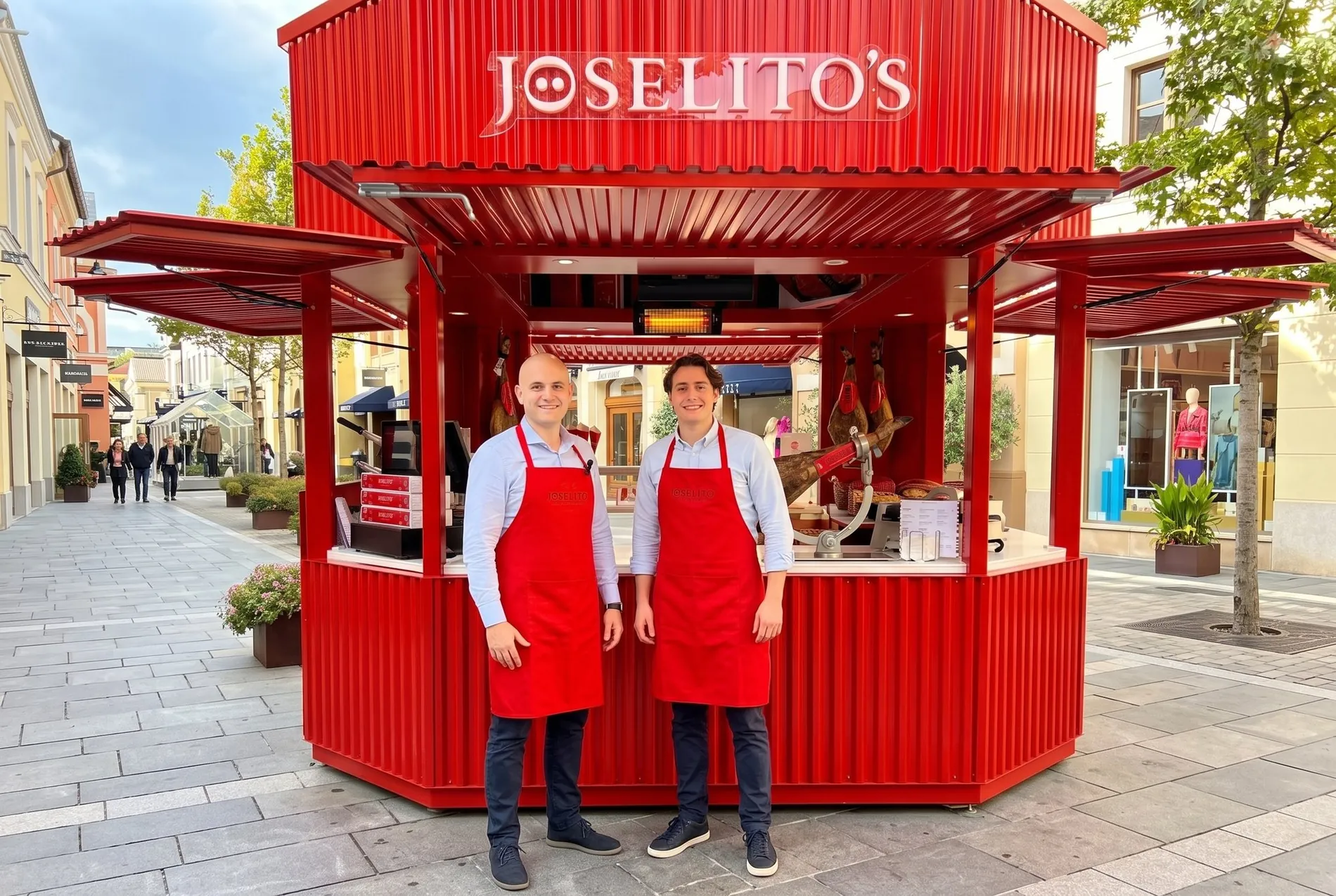 Фирменная лавка Joselito's: мастера в красных фартуках и нога хамона на станке